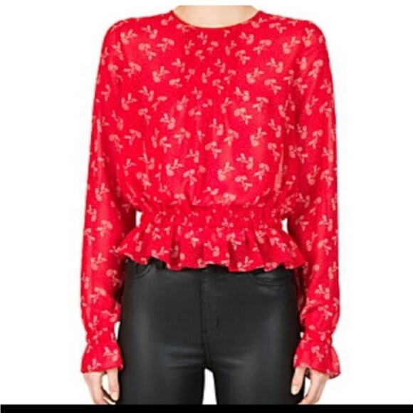 The Kooples Bloom red sheer floral dandelion peplum top size 2 or Small - Picture 1 of 16